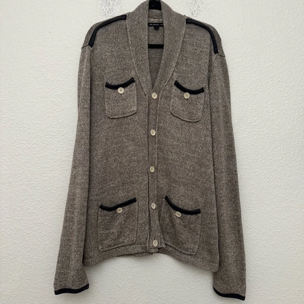 John Varvatos Linen Blend 4 Pocket Cardigan Sweater Brown Men's Size XL
